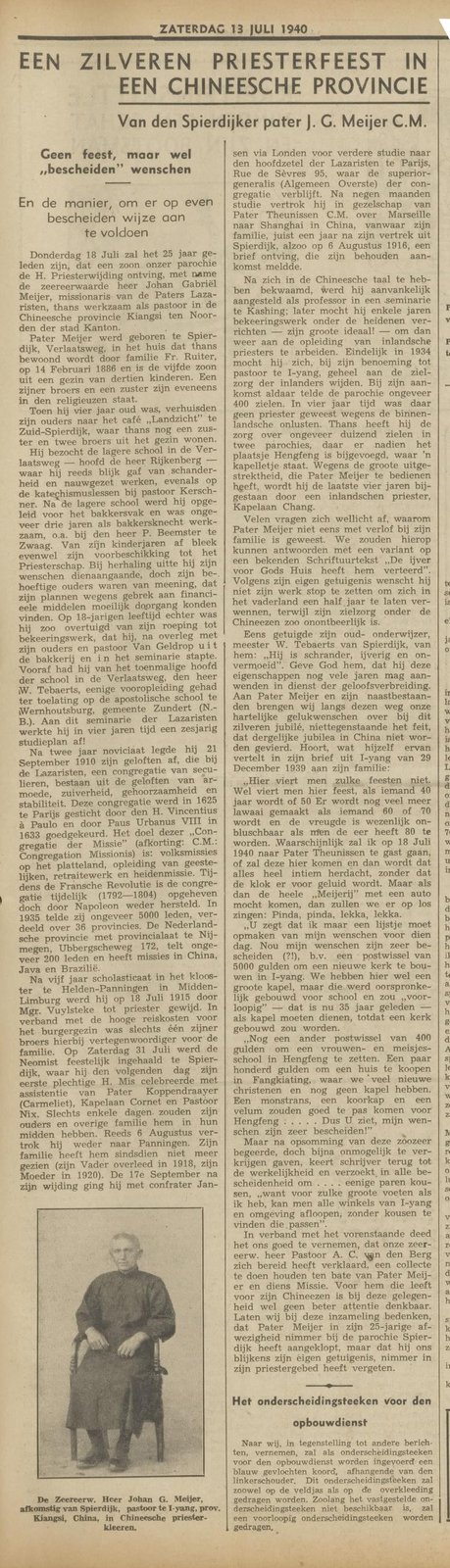 Pater Johan G. Meijer in Chineesche priesterkleding; zilveren priesterfeest, 13 juli 1940