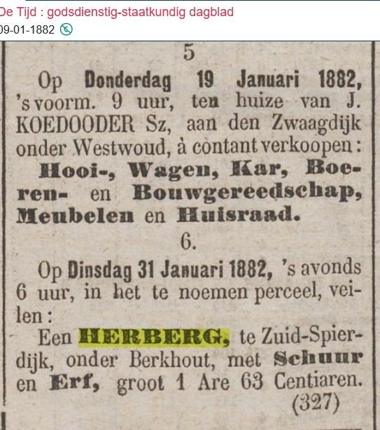 Herberg Zuid-Spierdijk, krantenbericht 31 januari 1882