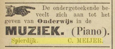 Advertentie pianoles in Spierdijk, 22 augustus 1894
