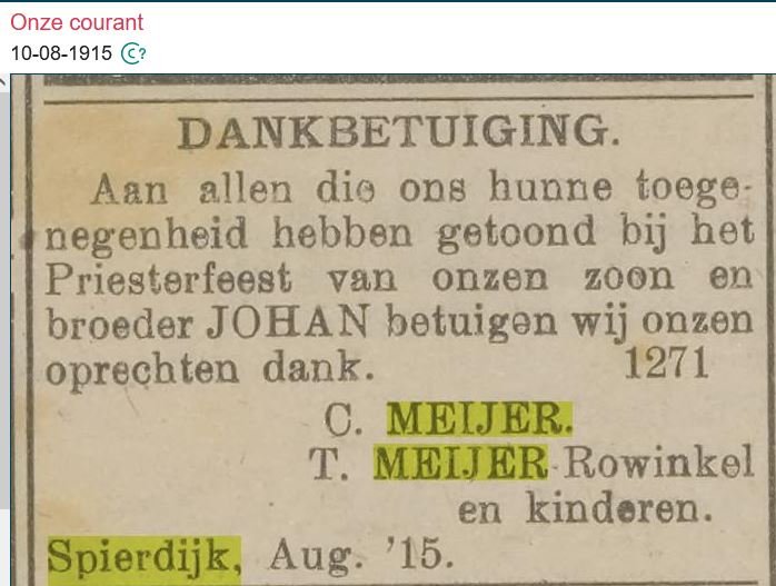 Dankbetuiging voor het priesterfeest, 10 augustus 1915