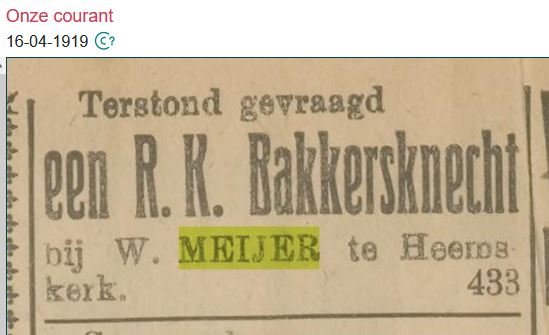 Advertentie 'Bakkersknecht gevraagd', 16 april 1919