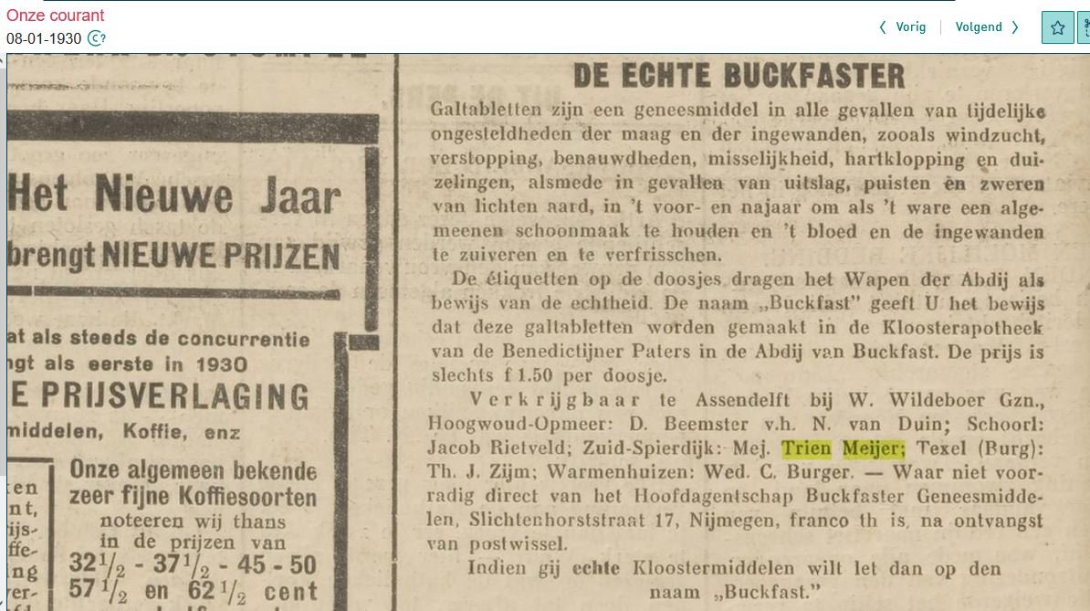 Krantenadvertentie Buckfaster-galtabletten, 8 januari 1930