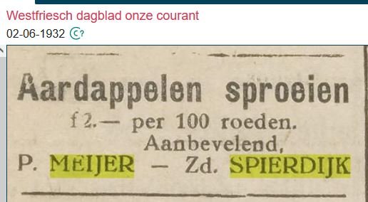 Krantenbericht aardappels sproeien, P. Meijer; 2 juni 1932