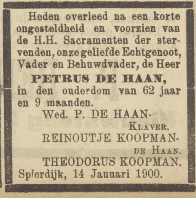 Pieter de Haan; De Nieuwe Courant, 17 januari 1900