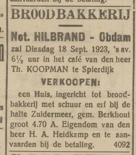 Café Koopman; Onze Courant, 1 september 1923