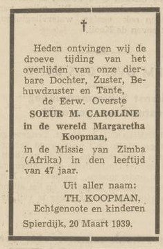 Margaretha Koopman; Onze Courant, 21 maart 1939