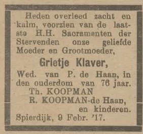 Grietje Klaver; Onze Courant, 13 februari 1917